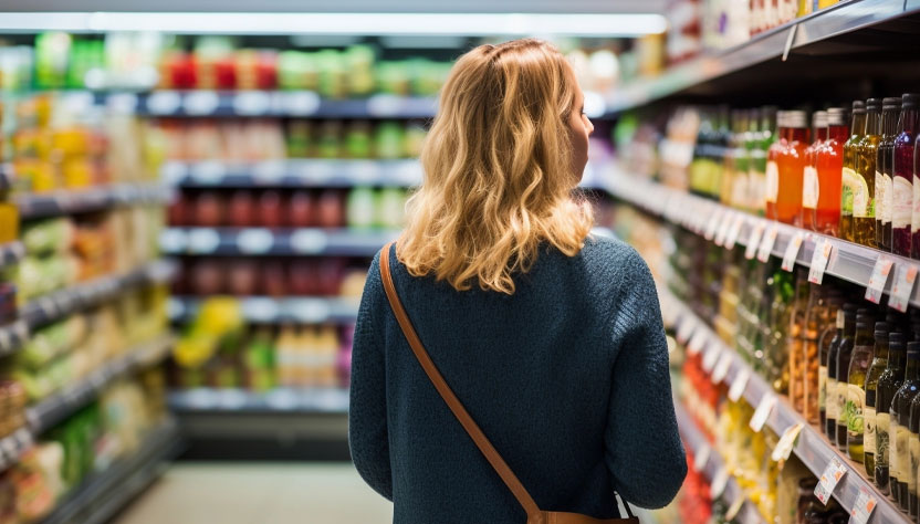 a woman looking at bottles on the shelf in a grocery store